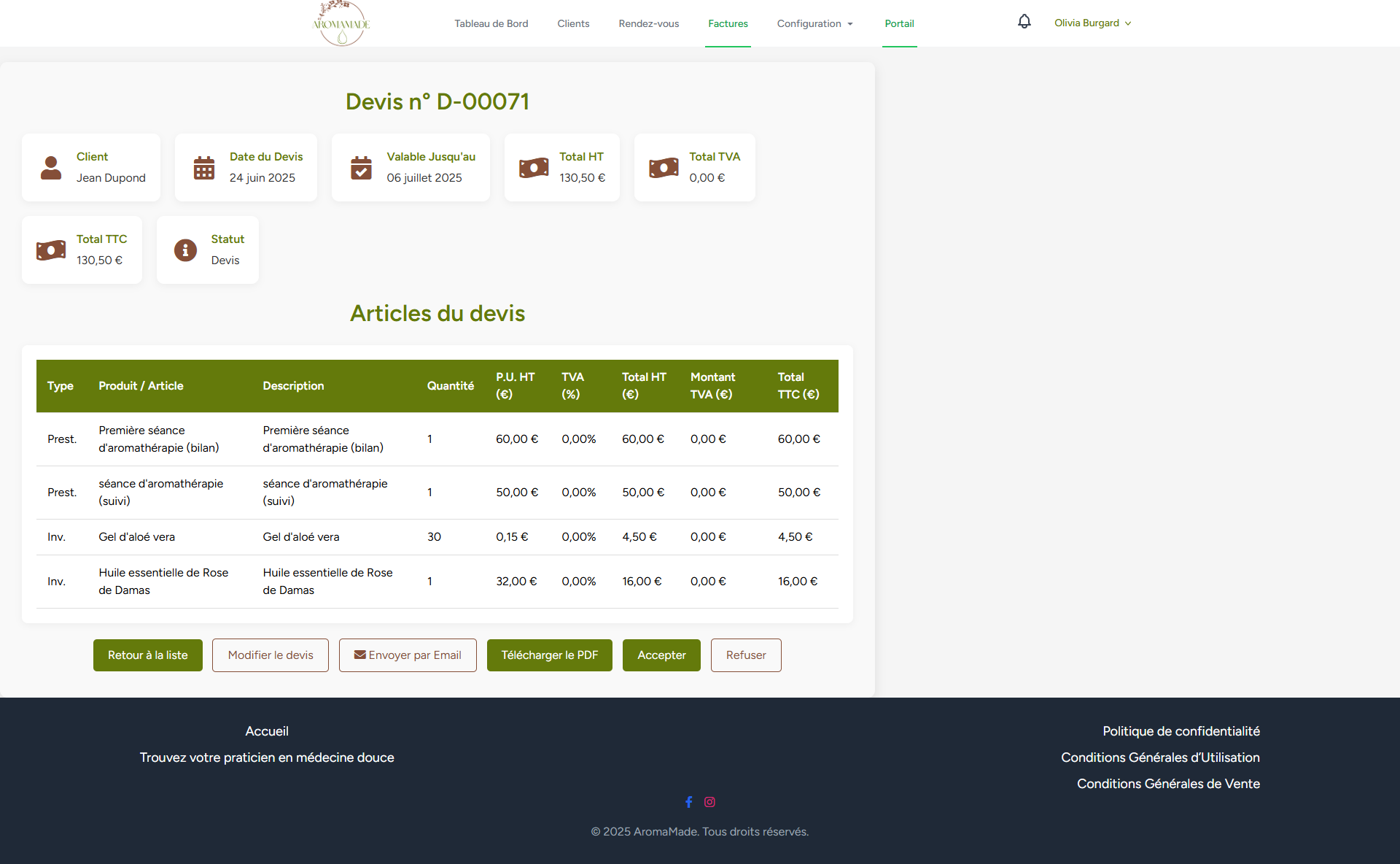 Interface thérapeute pour gérer les devis sur AromaMade