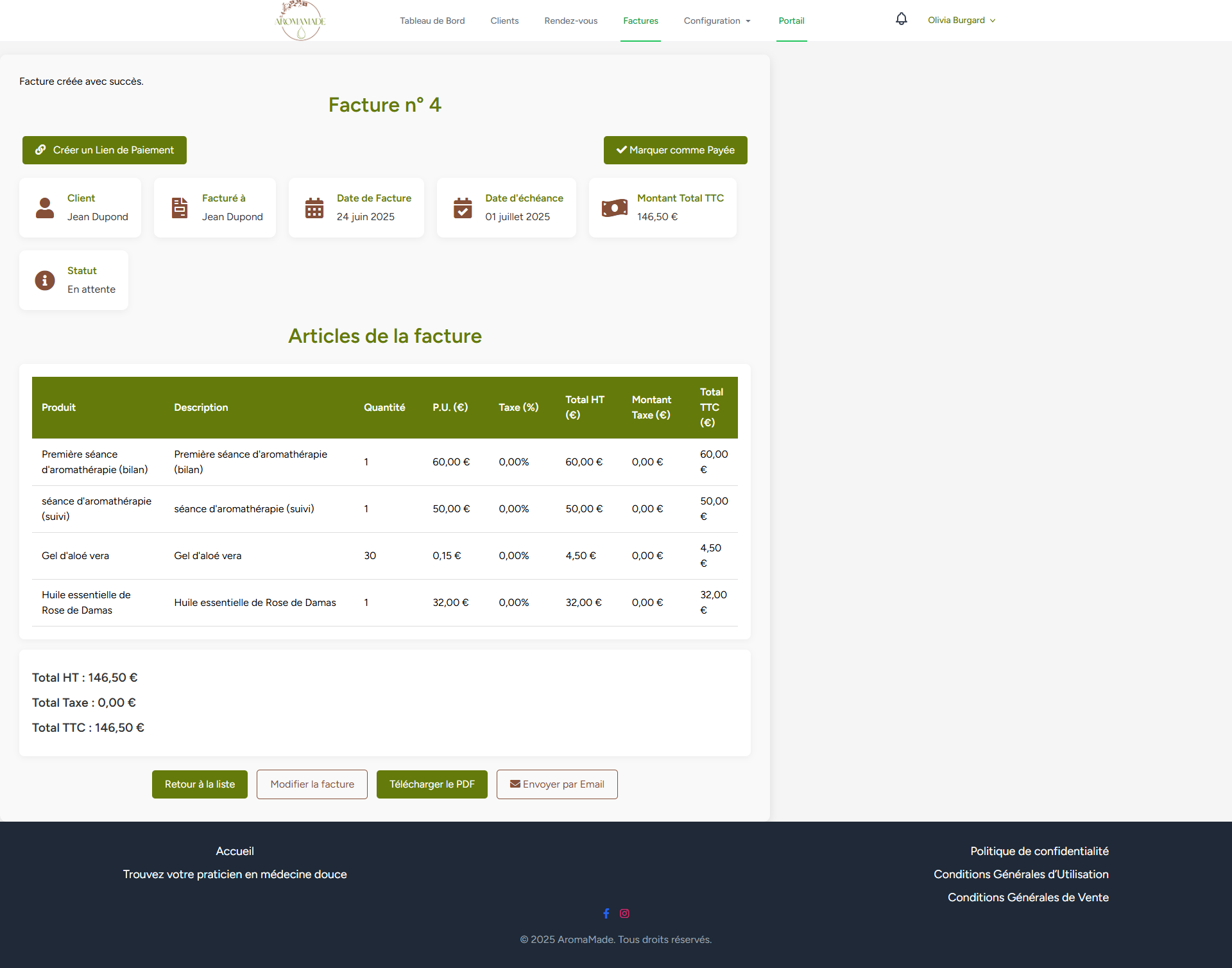Interface AromaMade – Vue thérapeute sur une facture